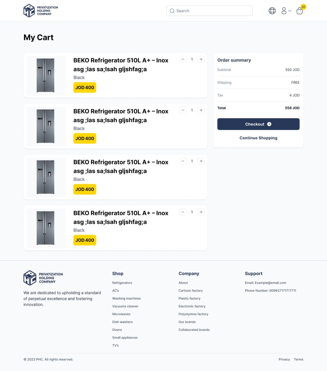 Cart page